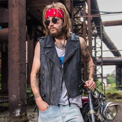 2020 Vintage Black Men Oblique Zipper Biker Genuine Cowhide Slim Fit Short Leather Motorcycle Vest FREE SHIPPING