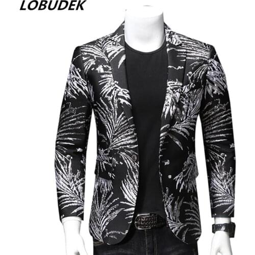 Fashion Black Jacquard Blazers Men Printed Embroidery Suit Jacket Casual Coat Prom Singer Concert Stage Costume Plus Size Blazer