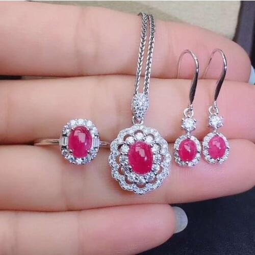 Real Natural Ruby jewelry set Natural Real Ruby 925 sterling silver 1pc pendant,1pc ring,2pcs Earring