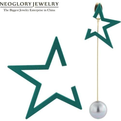 Neoglory Asymmetric Trendy Enamel and Pearl Drop Earrings For Women Irregular Five-Pointed Star Earring Birthday Gift For Friend
