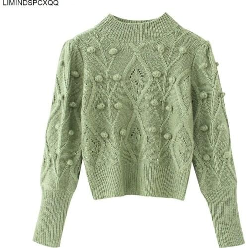 2021 New Women Fashion Solid Color Ball Appliques Knitting Sweater Ladies Long Sleeve Casual Sweaters Chic Pullovers Tops