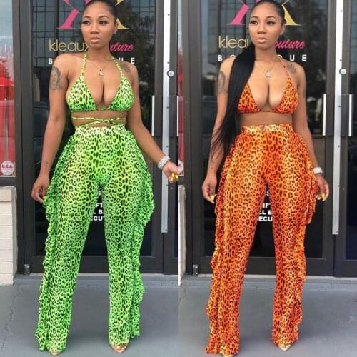 Spring Summer Two-piece Set Women Mesh Sheer Print Sleeveless Corset Top Pants Suits Swimsuit Club Outfit Fashion Streetwear