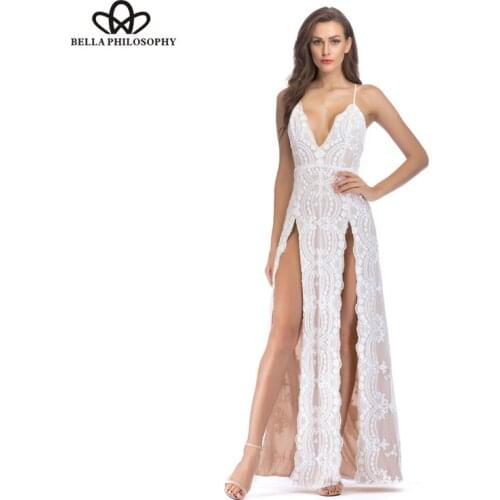 Bella Philosophy 2019 summer Sexy Party dress Long Deep V High Split Floral Sequin Black White Evening Floor Length