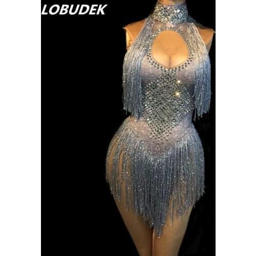 7 Colors Sleeveless Rhinestones Fringes Bodysuit Grass Green Glass Stones Tassels Jumpsuit Sexy Women Nightclub Dance Costumes