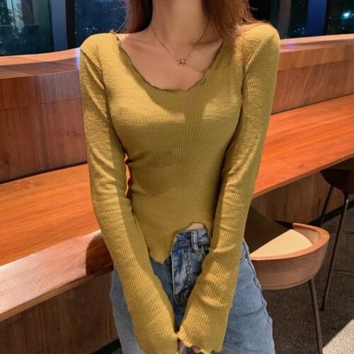 Rib-Knitted Plain Sexy T-Shirt Stretchy Ruffle Sleeve Crop Top Women 2021 Summer Black White Tight