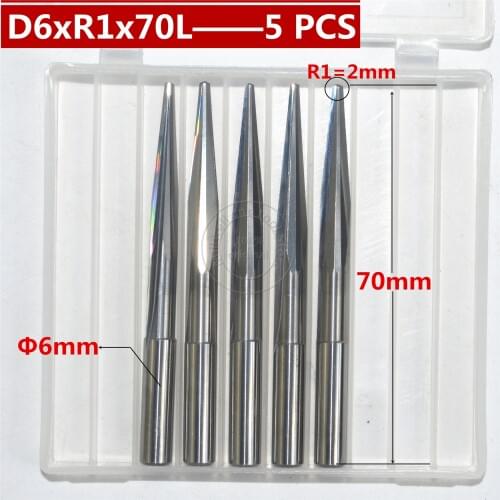 5 PCS-6mm*R1.0*70L,CNC carbide End Mill,woodworking insert router bit,Taper ball nose end milling cutter,deep relief,pvc,MDF