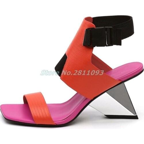 Square Toe Patchwork Sandals Strange Style Heel Ankle Buckle Red Black Green Stylish Shoes High Heel Fashion European Shoes