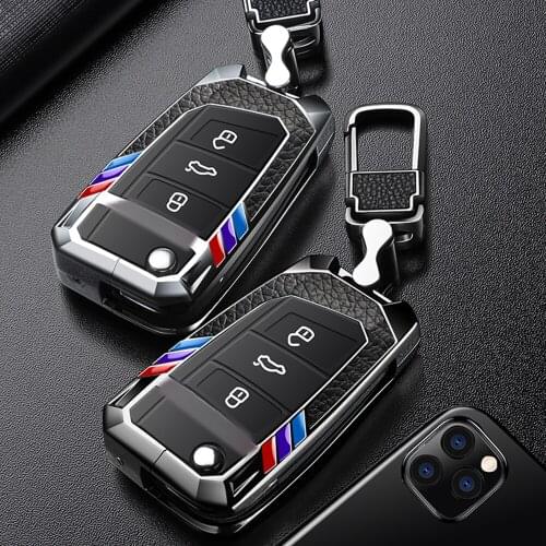 Zinc Alloy + Leather Remote Start Car Key Case Bag Protector Holder Cover Shell Accessories For Volkswagen Tiguan Golf 7 2017