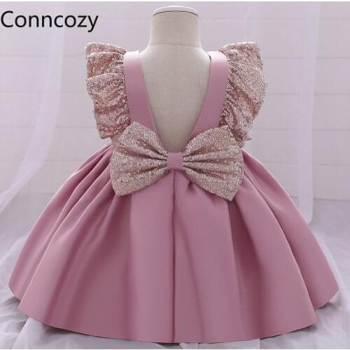 Pink Children Dress Toddler Baby Girl Bridesmaid Dresses Big Bow Backless Fluffy Dress Girls Ball Gown Sequin Birthday Dress