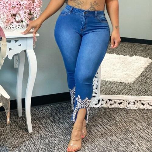 2XL-5XL Plus Size Beaded Jeans Ladies Spring Summer Fashion High Waist Slim-Fit Casual Jeans Street Wear Retro Ladies Pants