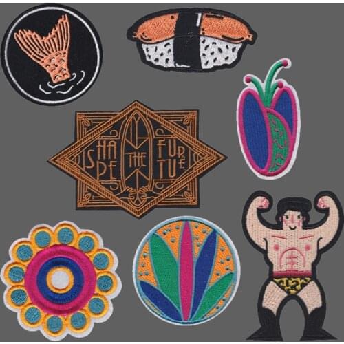 Fine Colorful Yoga Leaf Appliques Japan Sushi Patches Iron On Fun Bodybuilding Man Fishtail Badges for Clothes Hat Decor