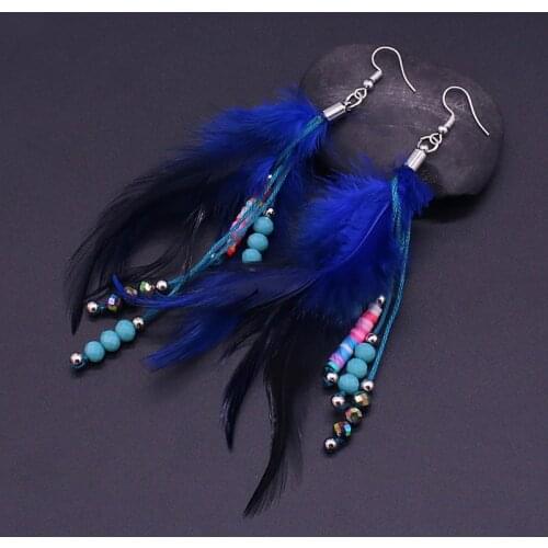 Fashion blue feather earrings bohemian natural feather crystal soft ceramic beads ladies earrings & ear hooks party jewelry gift