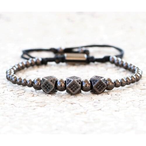 Fashion Charm Bracelet Men Women Trendy Micro CZ geometrical element Wave 4mm Black Beads Homme Bangle For Couple Jewelry Male