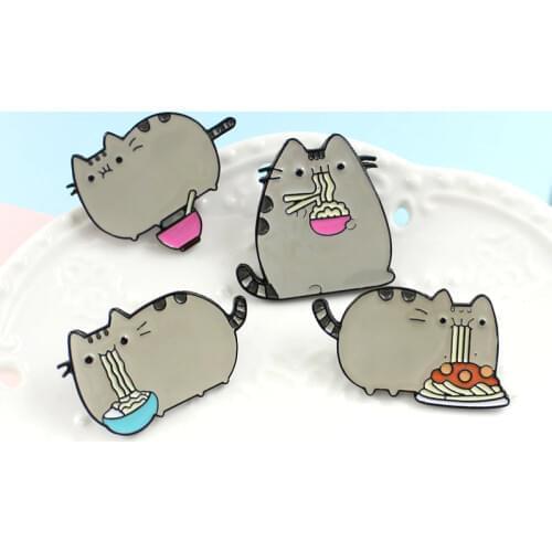Cartoon Cute Grey Fat Cat Brooch Four Cat Types Animal Eat Noodles Metal Clothes Bag Jewelry For Friends Kids Brooches