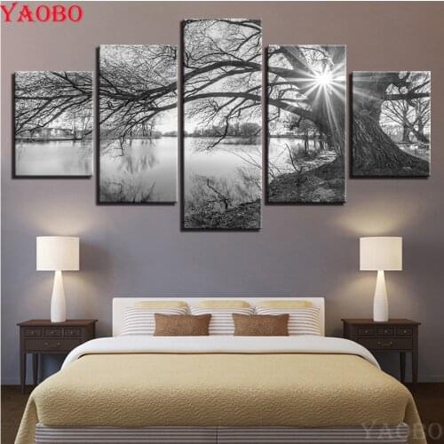 Full square 5d diy diamond painting mosaic 5 Pcs Lakeside Big Trees Black White Landscape 3d cross-stitch diamond embroidery kit