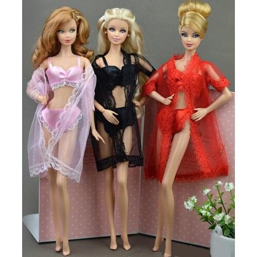 Sexy Pajamas For Barbie Doll Lingerie Lace Long Coat + Bra + Underwear Clothes For Barbie Doll Gown Underwear Lace Dresses