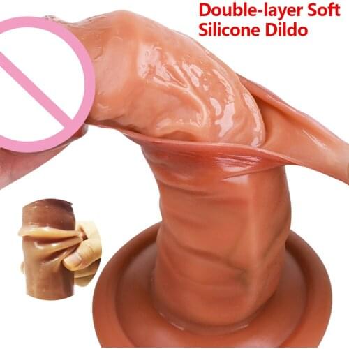 Realistic Dildo Sliding Foreskin G spot Clitoris Stimulate Penis Liquid Silicone Huge Dildo Dick Adult Erotic Sex Toys For Women