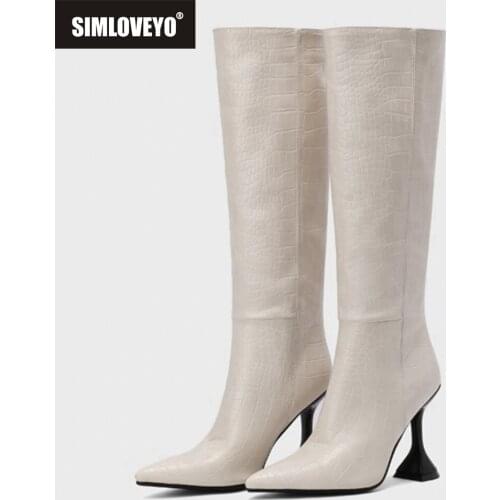 SIMLOVEYO Fashion Women Wide Leg Knee High Boots Leather Pull On Pointed Toe Stileeto Heel Ladies Party Plus Size 43 S2467