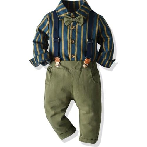 Tem doger autumn boys clothes suits tie stripe shirt + overalls 2 pcs gentleman boy clothes for party