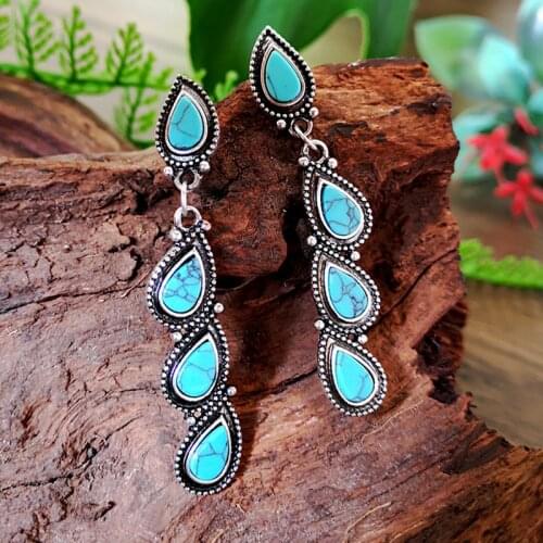 Vintage Water Drops Turquoises Lady Long Drop Earring Bohemian Handmade Blue Color Fashion Jewelry Q4D295