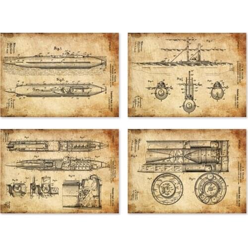 Vintage patent art prints on submarine linedrawing art wall decor prints 4 in 1 unframed