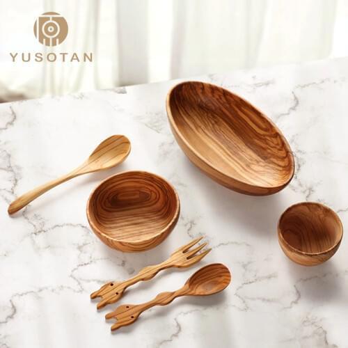 YUSOTAN cute wooden dishes for children cartoon spoon fork olive wood bowl wood tableware suit baby bowl natural wood dishes
