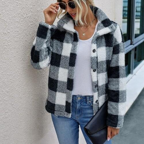 Ladies Autumn Winter Plaid Jacket Women Coat Faux Fur Streetwear Lapel Loose Outerwear Jacket Women Coats Chic Tops Female