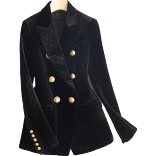 New Velvet Blazer Women Long Sleeve Double Breasted Gold Button Slim Office Lady Velvet suit