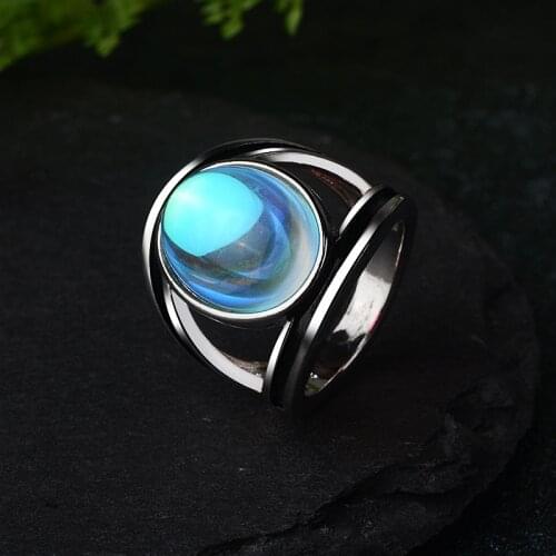 Fashion Ring S925 Silver Color Imitation Colorful Moonstone Jewelry European Exaggerated Party Rings Female anillo PARA MUJER