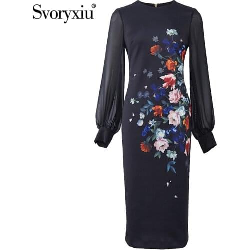 Svoryxiu Designer Autumn Winter Elegant Party Dress Womens Fashion Lantern Sleeve Flower Print Package Buttocks Dresses