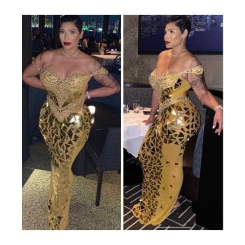 Gold Mesh Perspective Sparkly Mirrors Long Dress Evening Celebrity Party Birthday Fashion Dresses Sexy Stage Performance Outfit