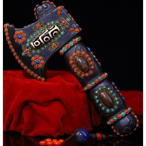 8"Tibet Temple Collection Old Natural meteorite Filigree mosaic Gem Dzi Bead Mountain Axe Pendant Town House Exorcism