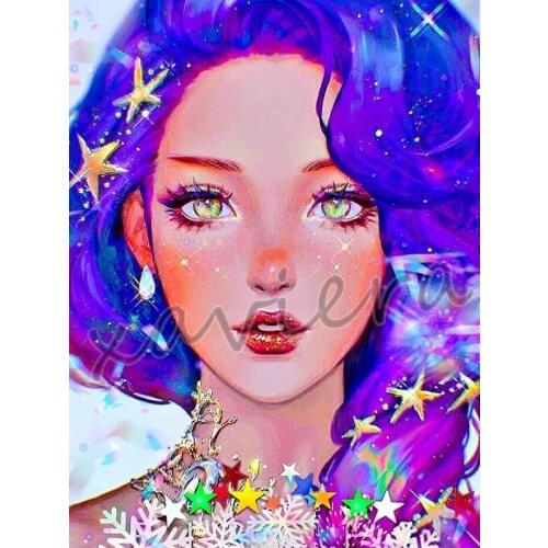 Xaviera 5D Diy Diamond Painting Purple Hair Pretty Girl Portrait Cross Stitch Rhinestone Mosaic Embroidery Handmade Girls Gifts