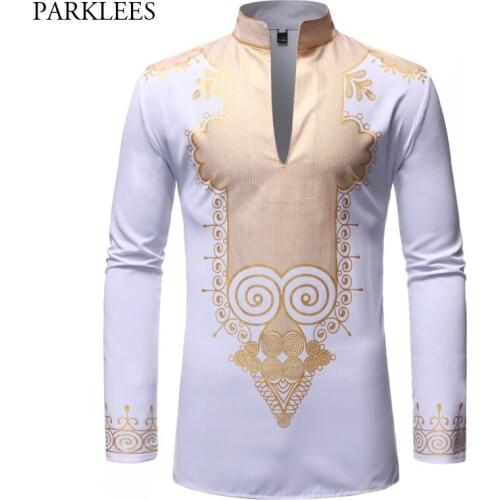 White Mandarin Collar Long Sleeve Shirt Men 2019 Brand New African Dashiki Print Dress Shirt Male Casual Camisa African Clothes