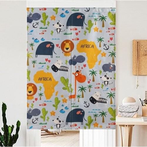 Cartoon Animal World Map Door Curtain Linen Tapestry Study Home Decor Bedroom Kitchen Noren