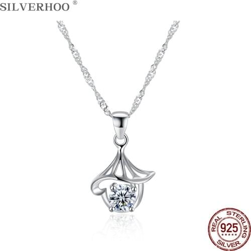 SILVERHOO 100% Sterling Silver 925 Jewelry Simple Mushroom Shape Pendant Necklaces Women Round Cubic Zirconia Necklace Charms