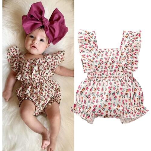 Newborn Baby Girl Clothes Romper Toddler Floral Pattern Fly Sleeve Square Collar Ruffle Playsuit Summer