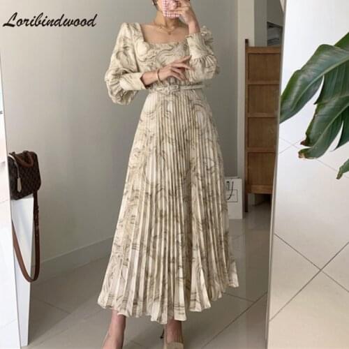 Loribindwood New 2021 Women Summer Autunm Dresses High Waist Printed Floral Vintage Pleated With Belt Korean Long Dress