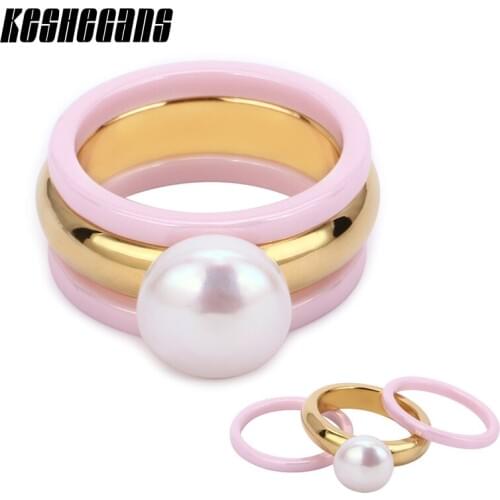 Lovely Cute Pink Color Ceramic Rings 3pcs/Set With Big Elegant Simulated Pearl Ring For Women Ladies Fashion Jewelry Daily Party