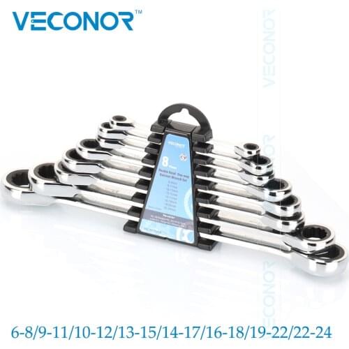 Veconor 8PCS Double Head One-way Ratchet Wrench Set Chrome Vanadium Quick Reversible Metric Combination Ratchet Spanner Kit