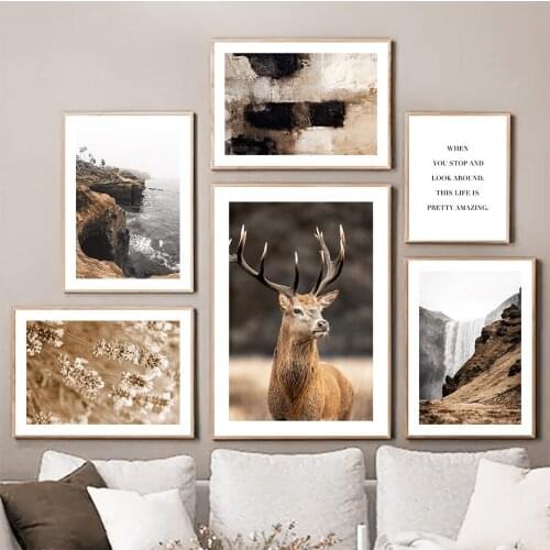 Deer Flower Reed Mountain Waterfall Wall Art Canvas Painting Nordic Posters And Prints Wall Pictures For Living Room Home Decor