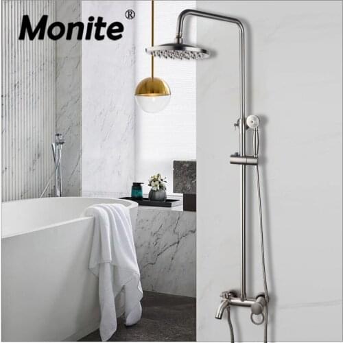 Monite Nickel Brushed Bathroom Shower Faucet Set 3 Functions Single Solid Brass Handle Bathtub Mixer Hand Shower Set
