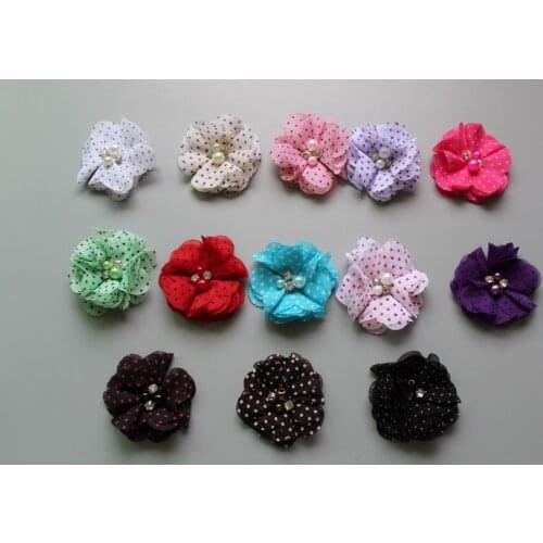 2015 new 2 " Soft Chiffon Flowers without clip Handmade Two Pearl Two Rhinestone Flower,Beaded Flower,300ps/lot Free shipping