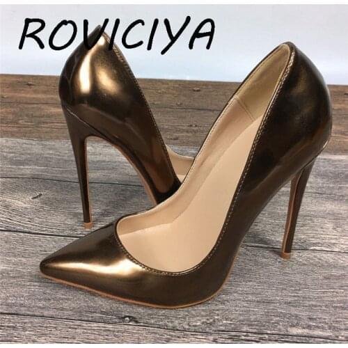 New color bronze female high heels exclusive brand patent PU shoes women high heels 10cm 12cm QP027 ROVICIYA