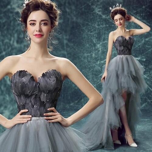 New grey feather short front long back lady girl women princess bridesmaid banquet party ball prom dress gown free shippin