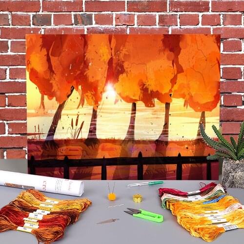 Scenery Autumn Light Printed Water-Soluble Canvas 11CT Cross-Stitch Patterns DIY Embroidery DMC Threads Handicraft Needle