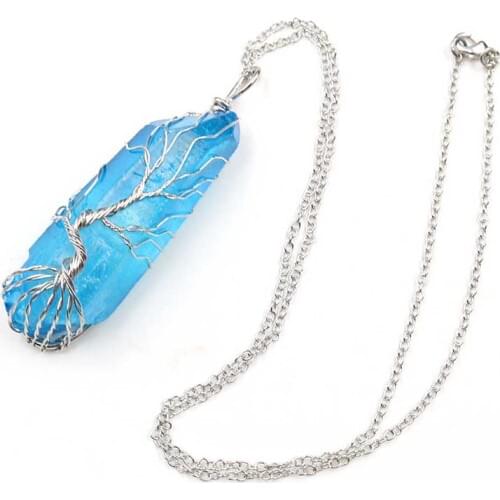 Silver Plated Wire Wrap Irregular Shape Crystal Dyed Blue Pendant Purple Necklace Ethnic Style Jewelry
