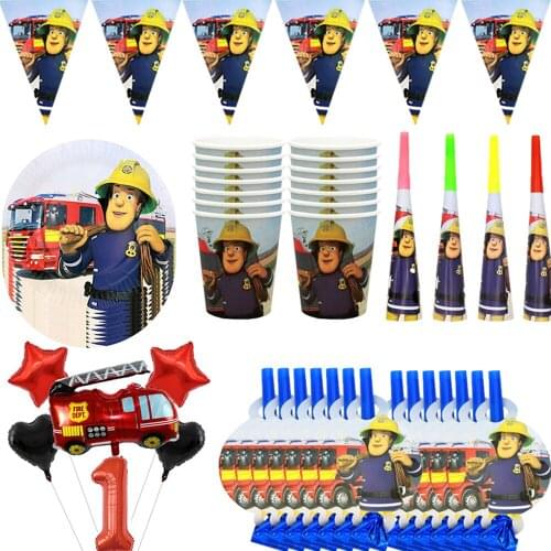 Fireman Sam Birthday Party Decorations Disposable Tableware Fire Engine Theme Paper Cups Plates Favors Baby Shower Supplies