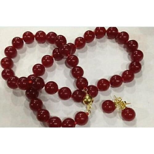FINE Jewelry 8mm Red jade Round Beads Necklace Earrings sets watch wholesale Quartz stone CZ crystal