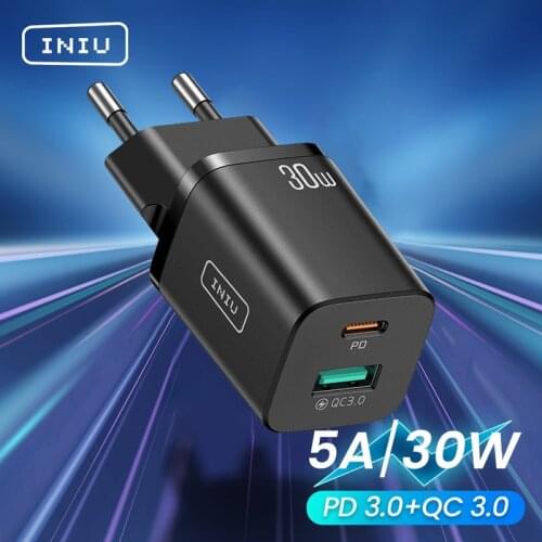 INIU USB C Charger 30W PD QC 3.0 Fast Charging [USB C+USB A] 2 Ports Wall Charger Quick Charge Power Adapter for iPhone 13 12 11